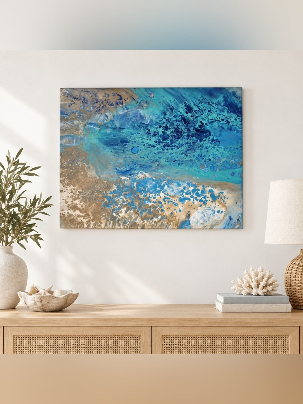Original Acrylic Pour Abstract Ocean Canvas Wall Art 20" x 16"